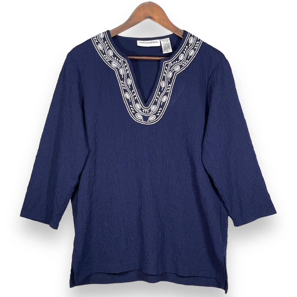 Cathy Daniels Tunic Top Women Size M Blue Embroidery Crinkled Fabric Stretch‎